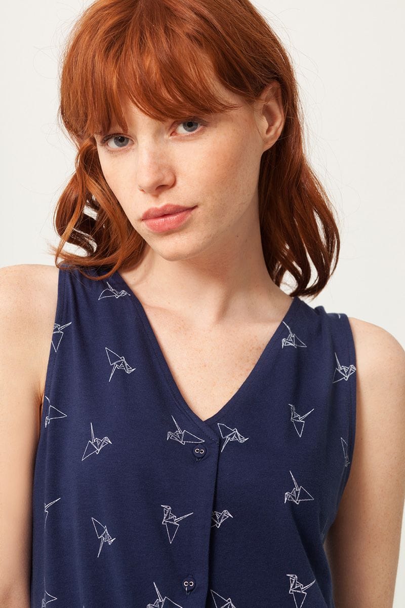 Vestido escote V azul estampado origami - Imagen 2