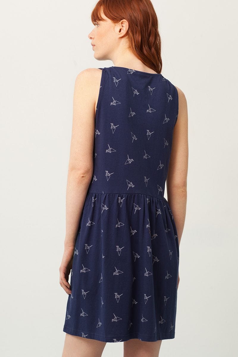 Vestido escote V azul estampado origami - Imagen 3