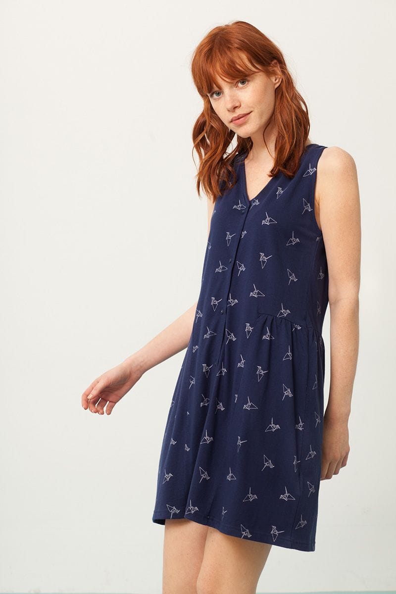 Vestido escote V azul estampado origami